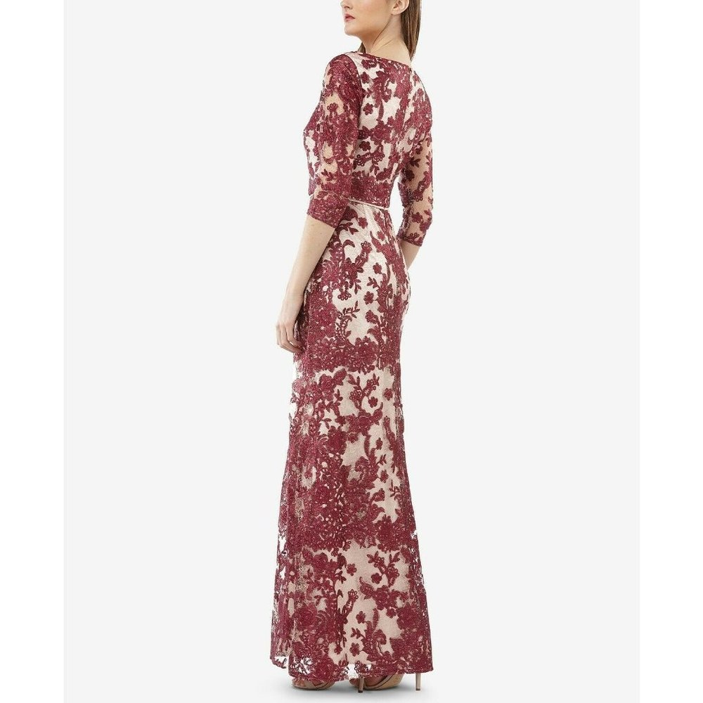 JS Collection Floral Embroidered Lace Gown 6 Wine Red/Rose - Picture 2 of 11
